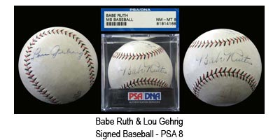 Babe RUth and Lou Gehrig Signed Baseball - PSA 8