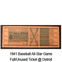 1941 Baseball All-Star Game Full Unused Ticket at Detroit